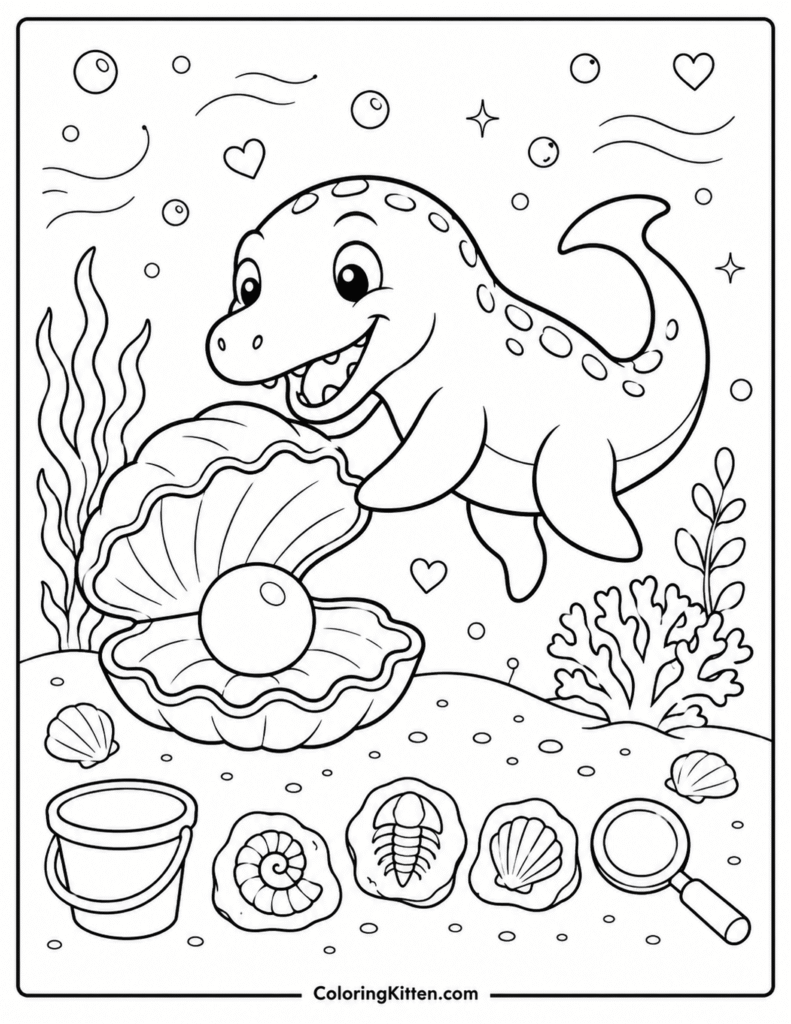 Baby Mosasaurus discovering a giant pearl beside fossils, shells, bucket, and magnifying glass