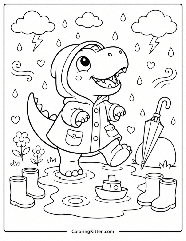 Baby T-Rex in hooded raincoat stepping through puddle with toy boat, boots, and umbrella