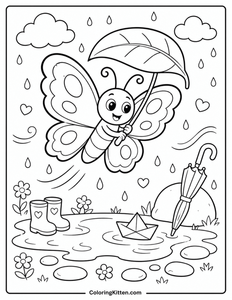 Smiling butterfly holding a leaf above a puddle with boots, boat, and umbrella