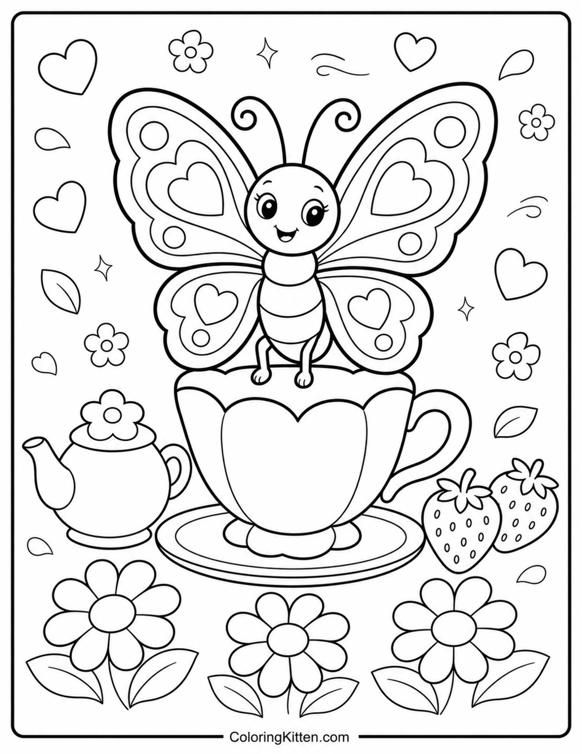 Smiling butterfly perched on flower teacup with teapot, strawberries, hearts, and daisies