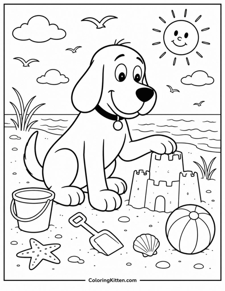 Clifford patting a sandcastle beside a bucket, shovel, beach ball, starfish, and seashell