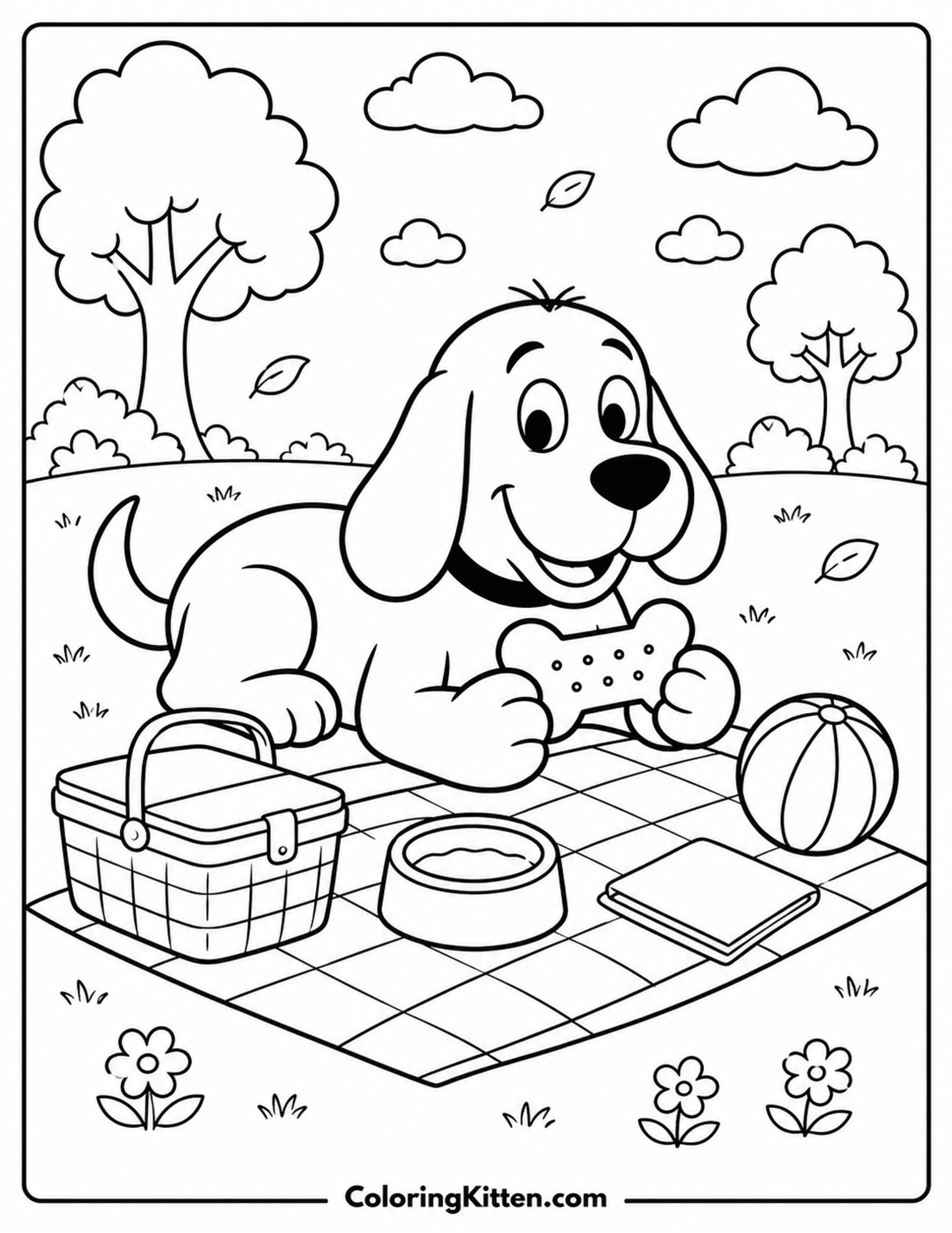 Floppy-eared dog holding a biscuit on a picnic blanket with basket, bowl, and ball.