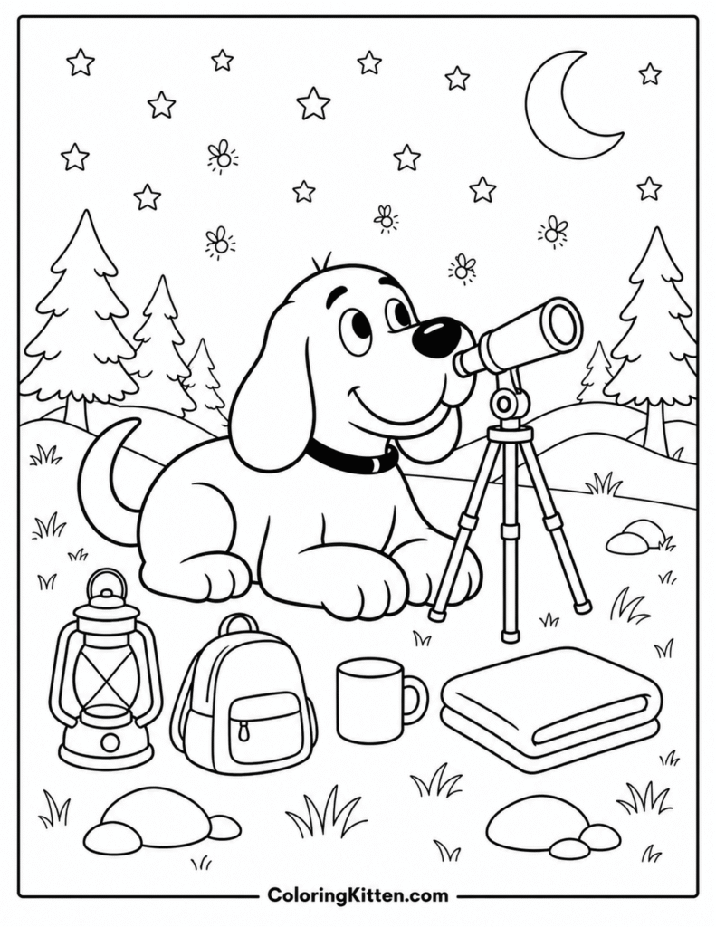Clifford looks through a telescope beside camping supplies under stars and a crescent moon
