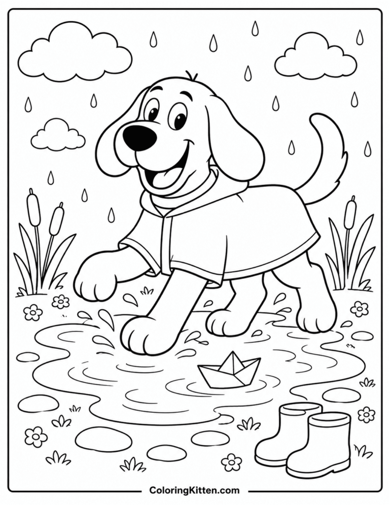 Clifford trotting through a puddle with raincoat, paper boat, boots, clouds, and cattails