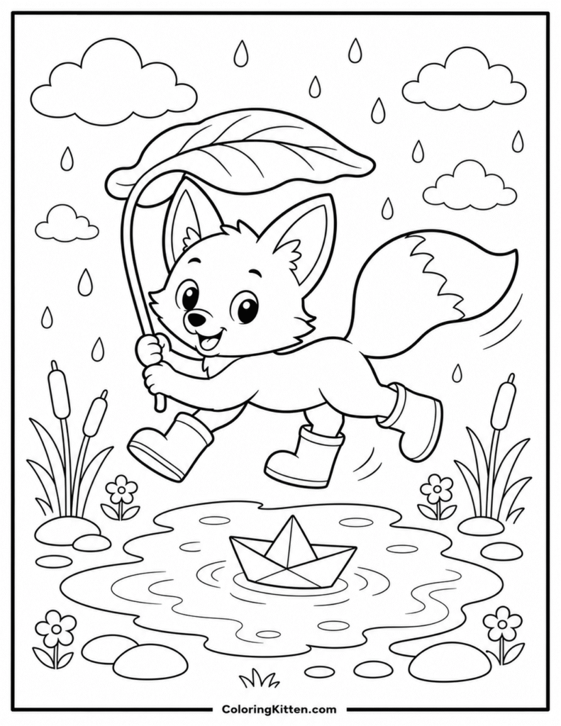 Fox cub leaping over puddle with leaf umbrella, rain boots, and paper boat