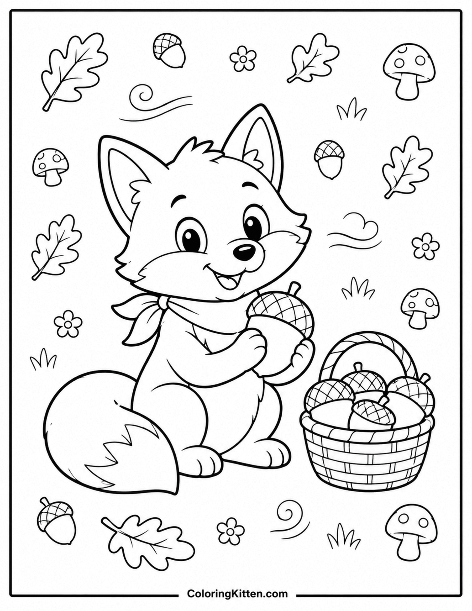 Cheerful fox holding an acorn beside a basket, oak leaves, mushrooms, and flowers