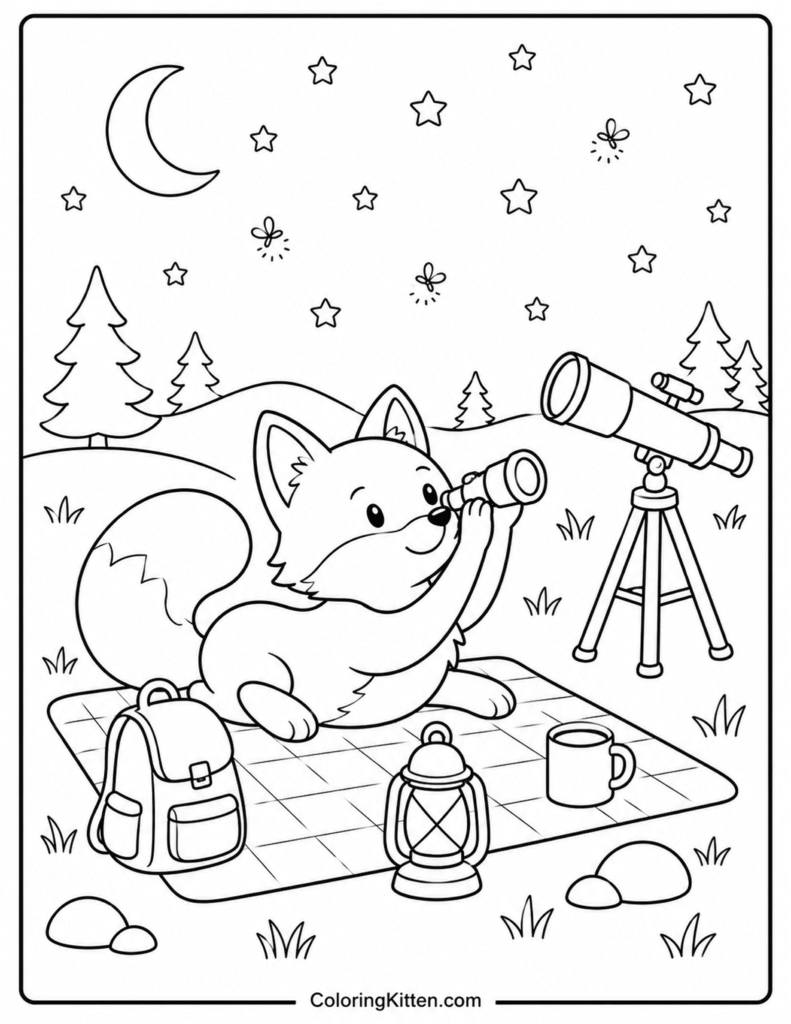 Fox stargazing on a blanket with telescopes, backpack, lantern, mug, moon, and stars.
