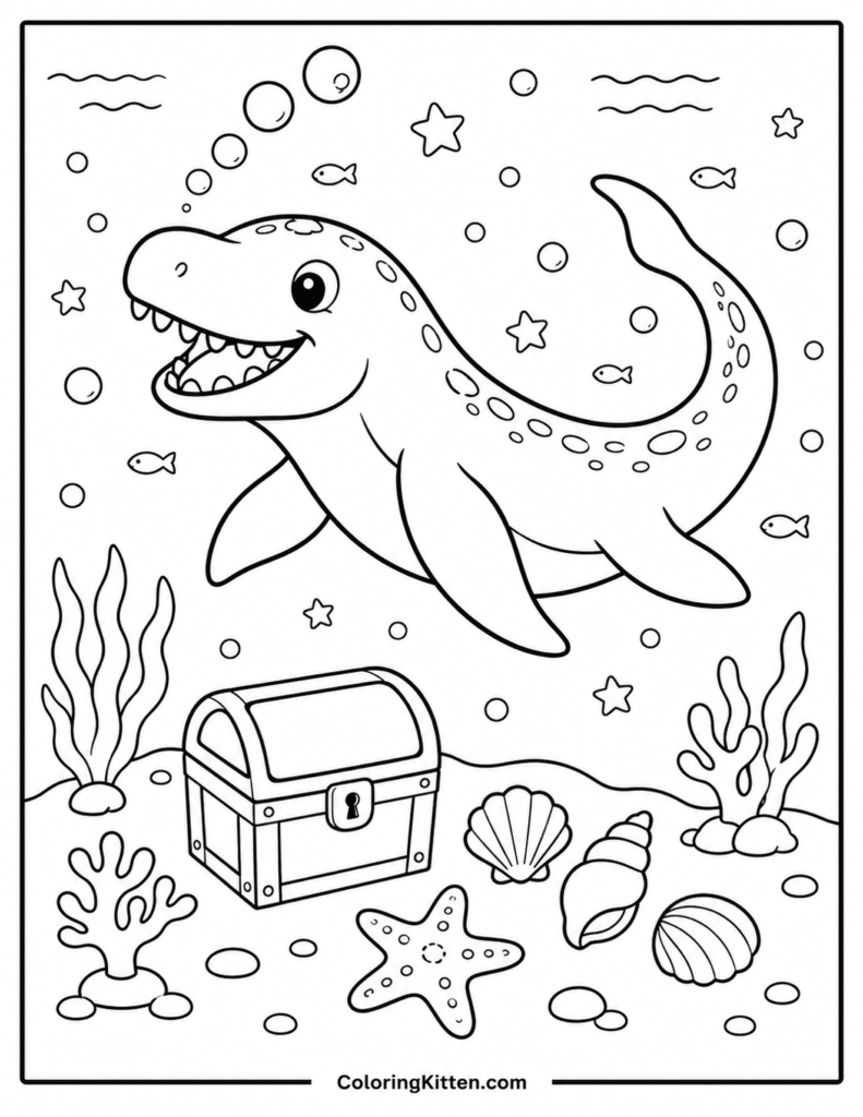 Smiling Mosasaurus swimming above treasure chest, shells, starfish, coral, bubbles, and fish