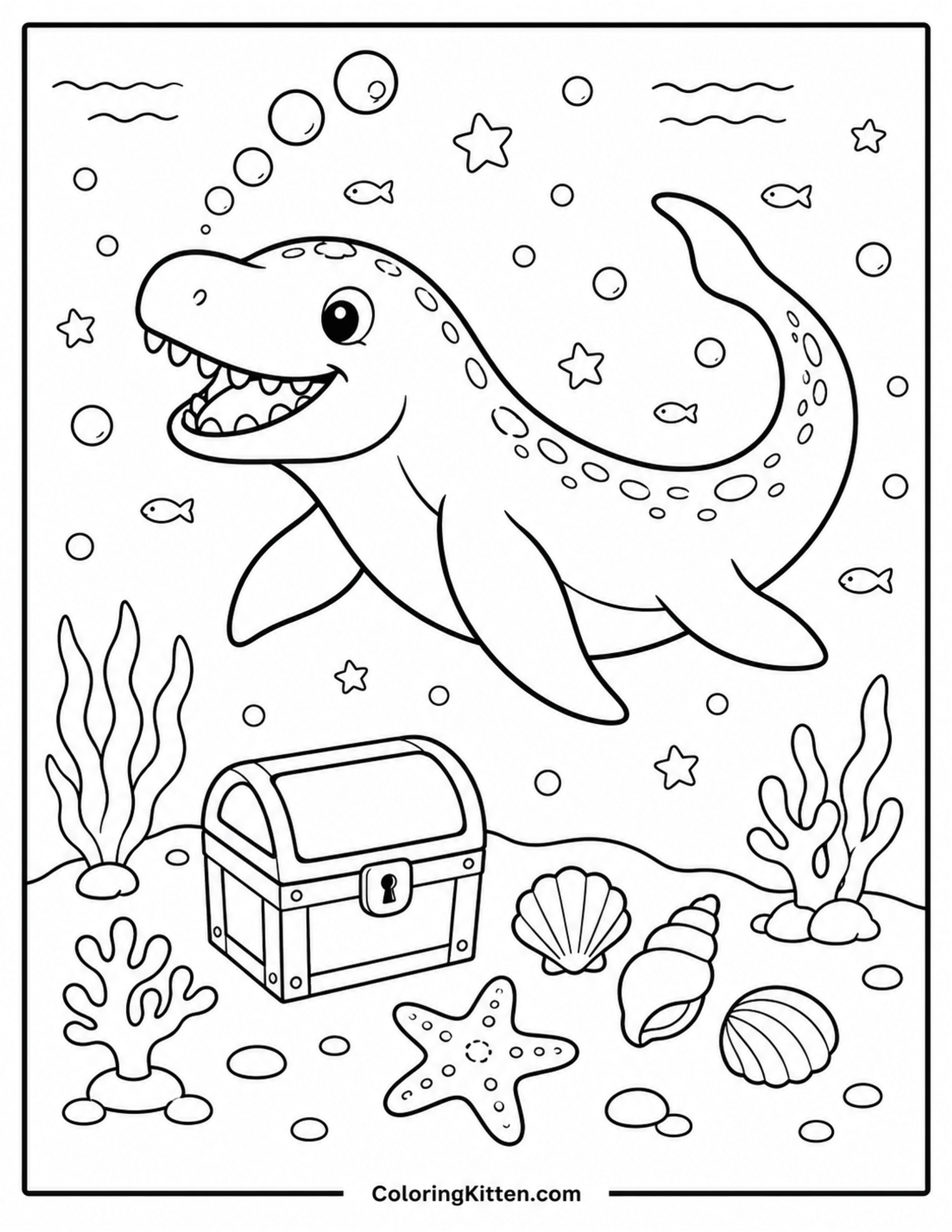 Smiling Mosasaurus swimming above treasure chest, shells, starfish, coral, bubbles, and fish