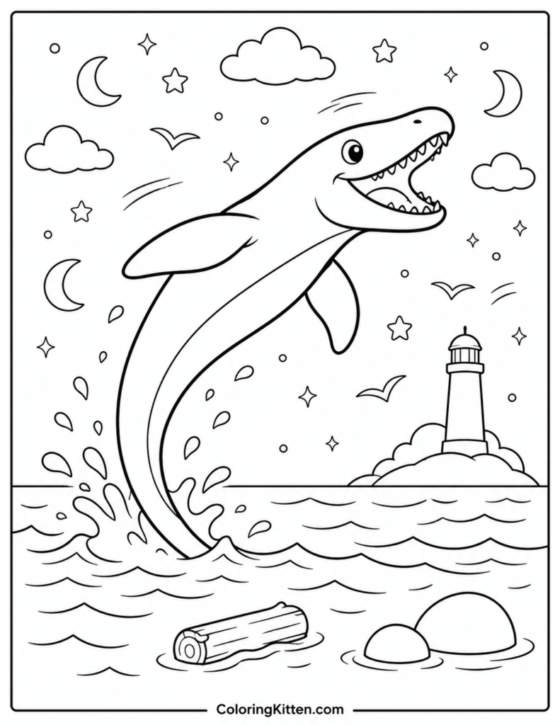 Smiling Mosasaurus leaping above waves near a lighthouse, log, rocks, clouds, and stars