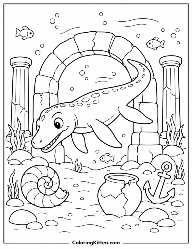 Smiling Mosasaurus swimming through a sunken arch above shells, pottery, fish, and an anchor