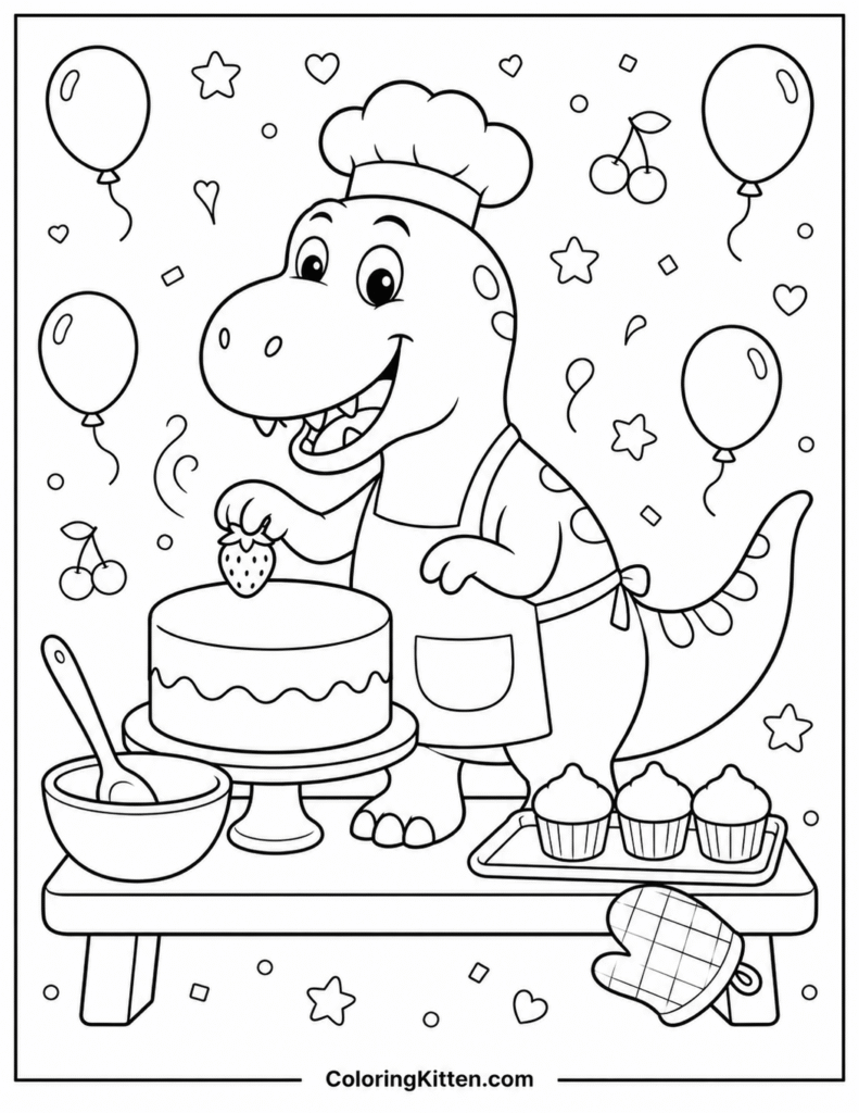 T-Rex chef placing a strawberry on a cake with cupcakes, balloons, and baking tools