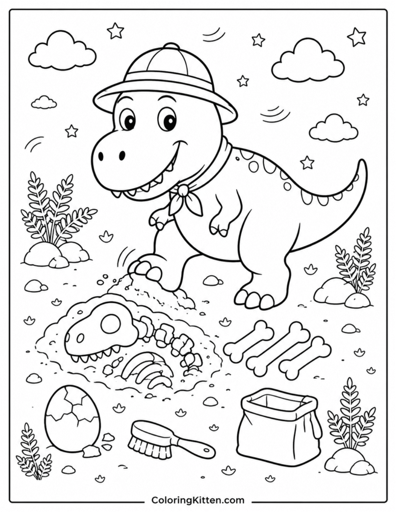 Young T-Rex explorer uncovering a dinosaur fossil beside bones, cracked egg, brush, bag, rocks, and ferns.