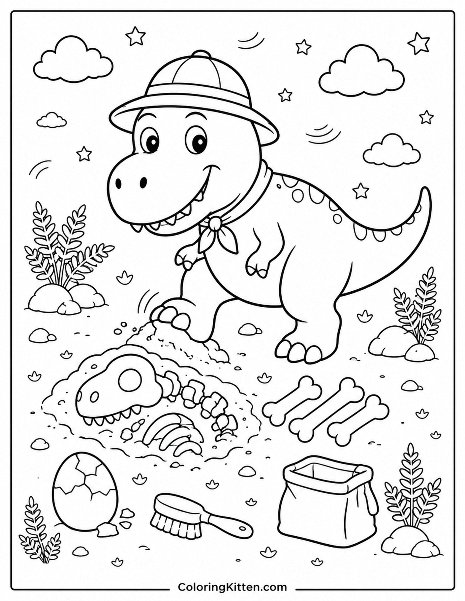 Young T-Rex explorer uncovering a dinosaur fossil beside bones, cracked egg, brush, bag, rocks, and ferns.