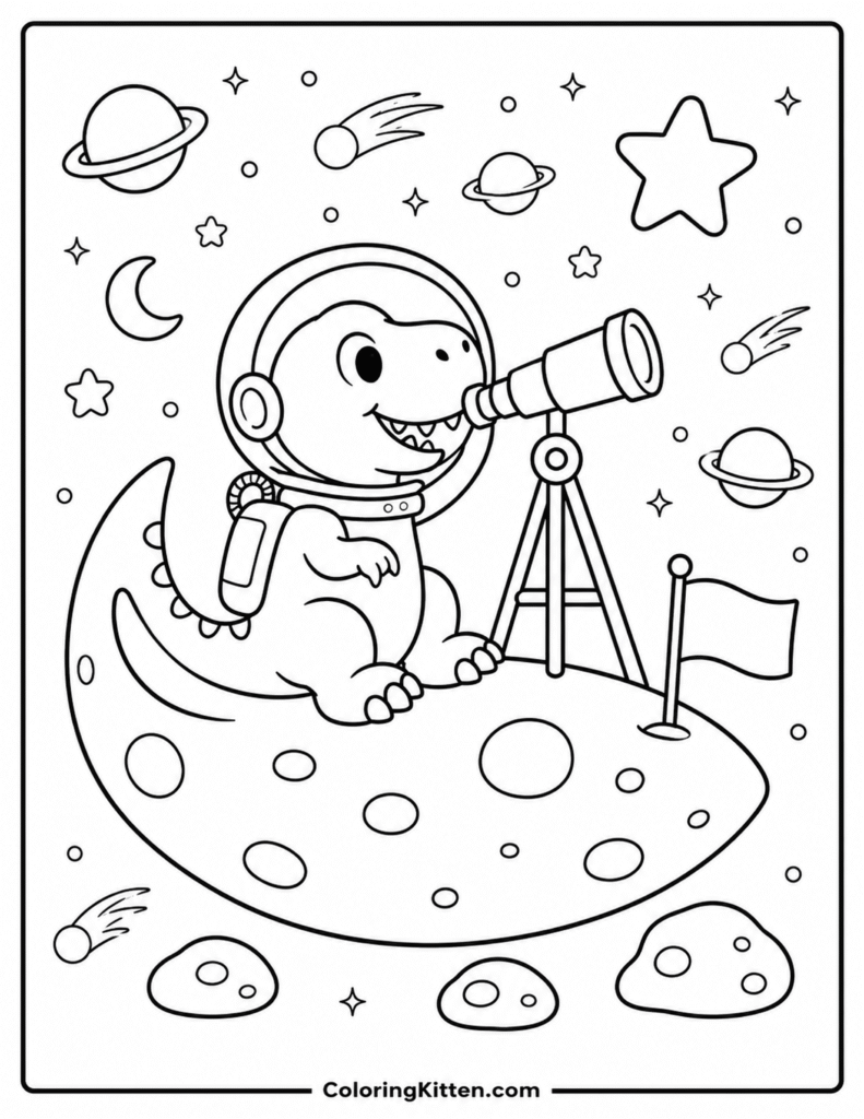 Astronaut T-Rex using a telescope on a crescent moon with planets, stars, and flag