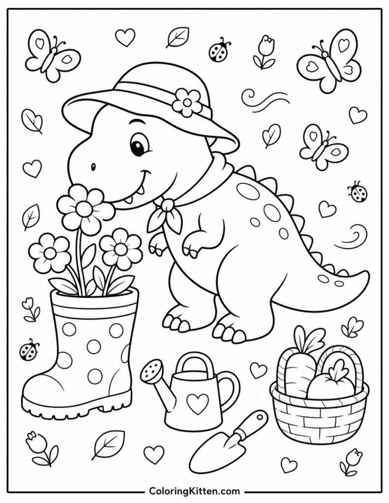 Smiling T-Rex smelling boot planter flowers beside gardening tools and vegetable basket