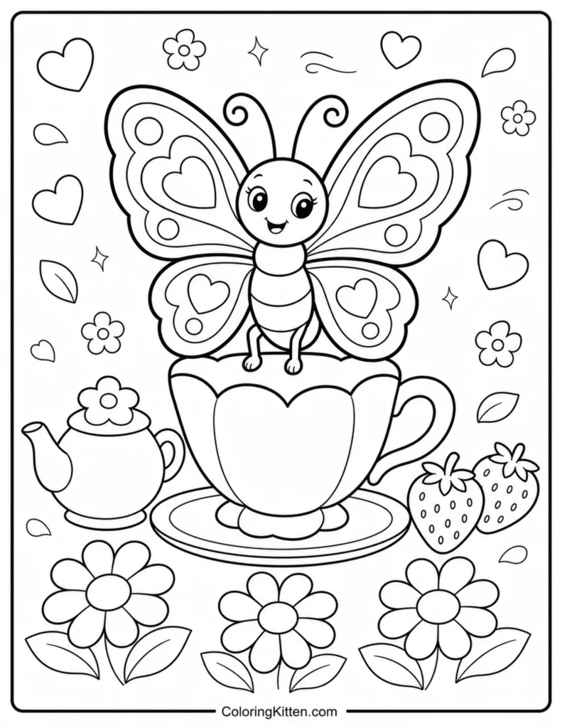 Smiling butterfly perched on flower teacup with teapot, strawberries, hearts, and daisies