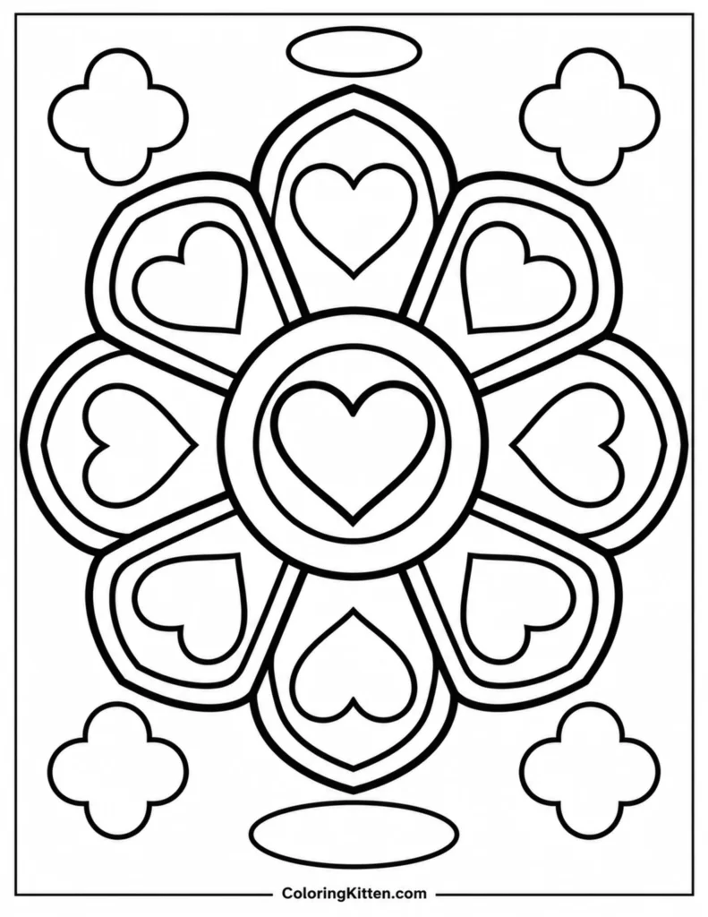 Circular window mandala with eight heart panels, a central heart, four quatrefoils, and two ovals