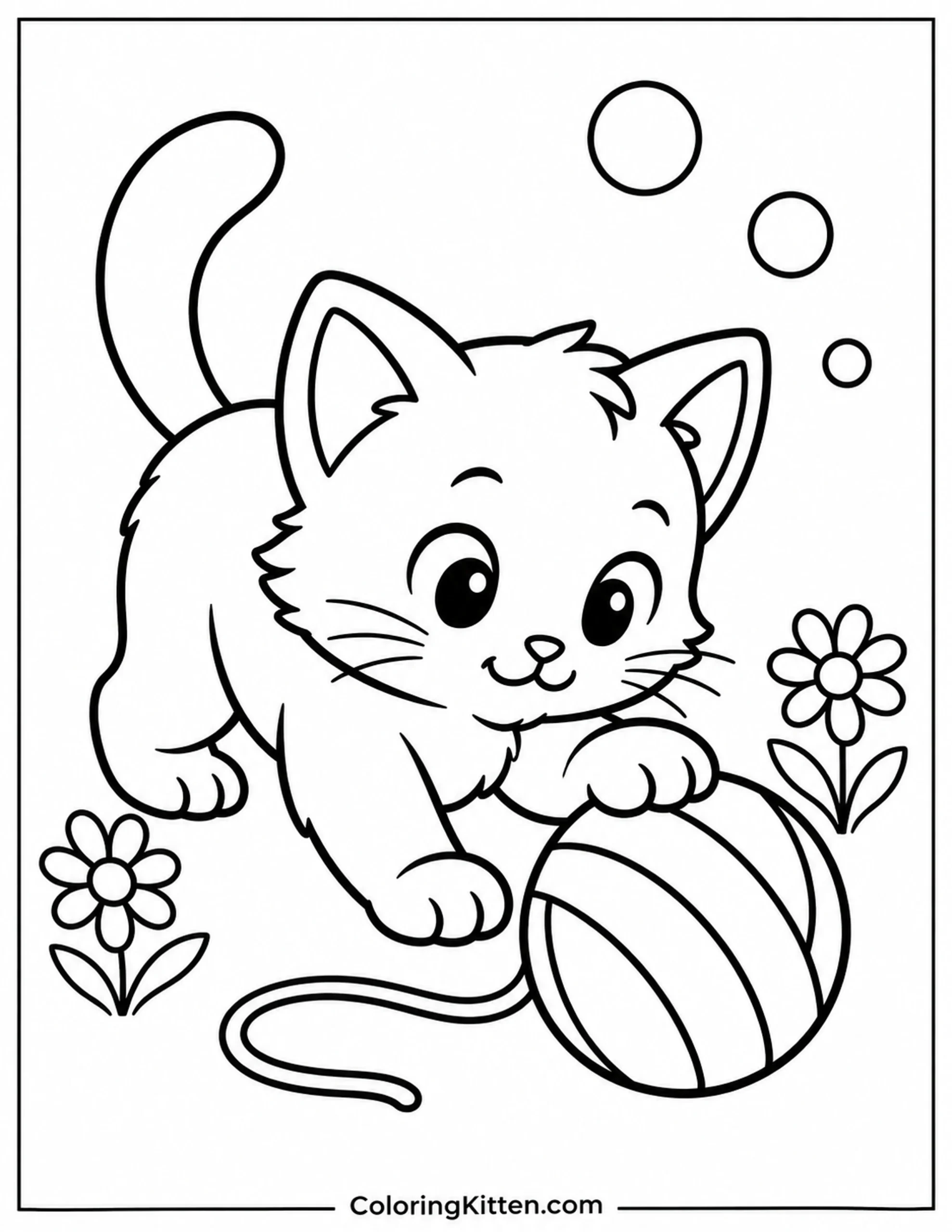 Kitten touching a yarn ball with a loose strand, two daisies, and three circles.