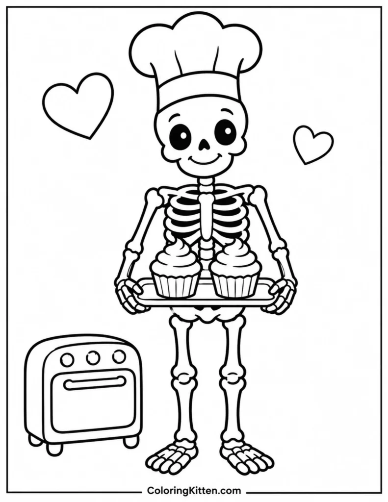Smiling skeleton in a chef hat holding two cupcakes on a tray beside an oven and two hearts.