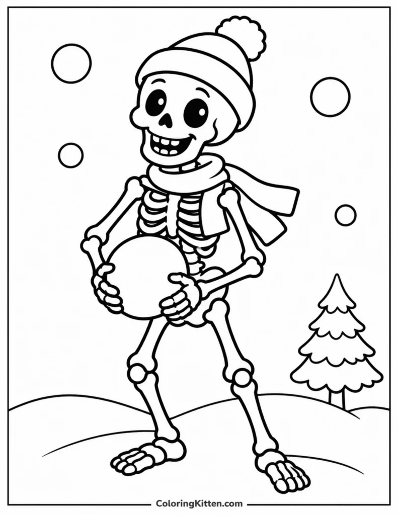 Smiling skeleton holding a snowball in a winter hat and scarf beside an evergreen tree and snow mounds.