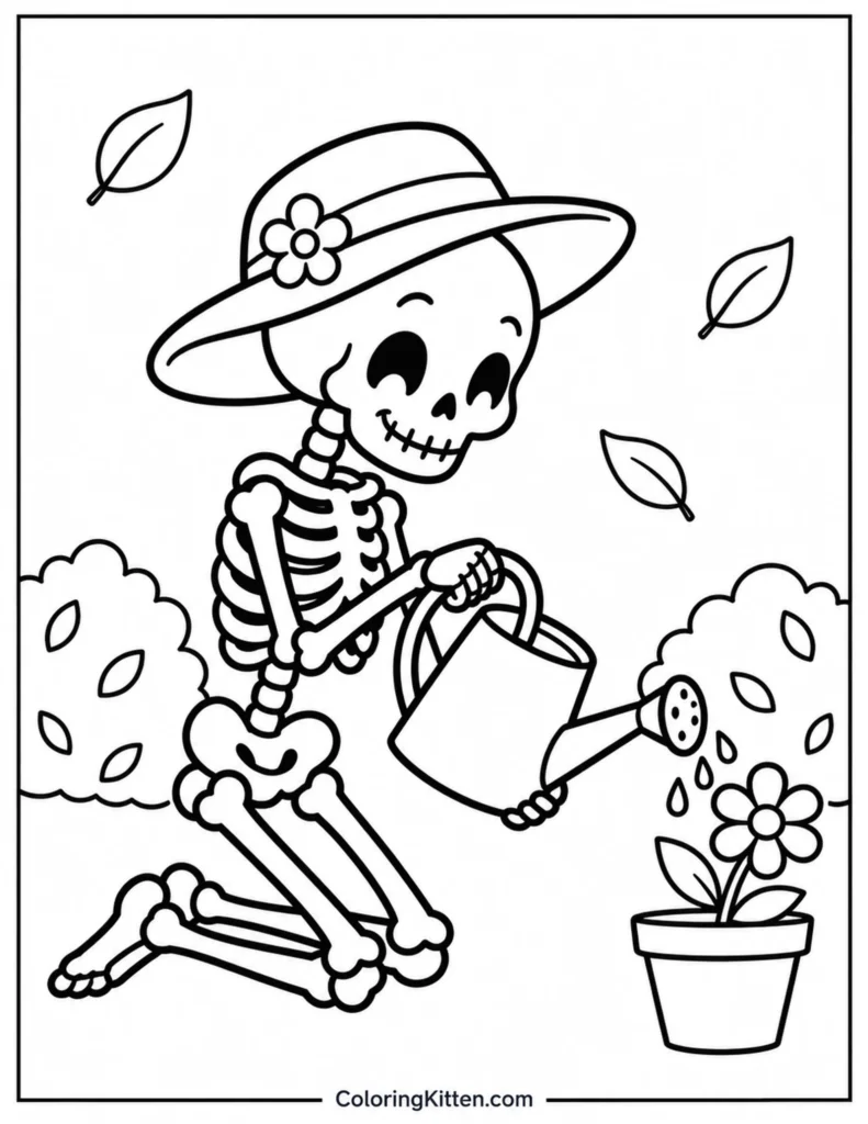Kneeling skeleton wearing a gardening hat waters a potted flower beside bushes and floating leaves.