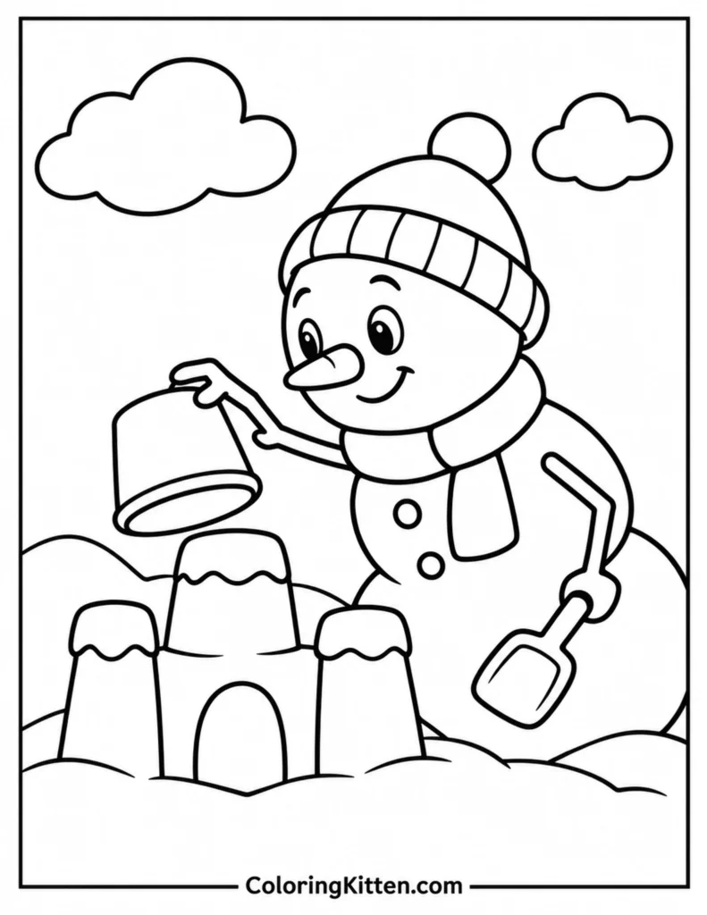 Snowman in a beanie and scarf building a snow castle with a bucket and shovel beneath two clouds