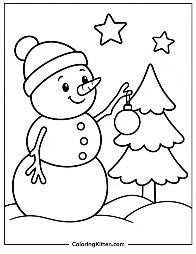 Smiling snowman wearing a pom-pom hat holds an ornament beside an evergreen tree beneath two stars.